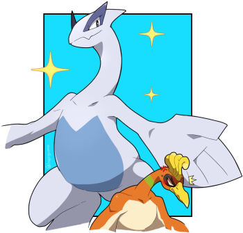 angry bird black_eyes blank_eyes blue_background blush border closed_mouth commentary_request gen_2_pokemon ho-oh ingoguma legendary_pokemon looking_at_viewer lugia nintendo no_humans pokemon pokemon_(creature) sparkle white_border