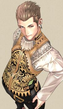 1boy balflear belt black_pants brown_eyes brown_hair earrings final_fantasy final_fantasy_xii from_above gold_shirt hair_slicked_back hand_on_own_hip jewelry ko102k1 long_sleeves looking_at_viewer loose_belt male_focus multiple_earrings pants ring shirt short_hair sideburns solo white_shirt