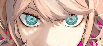 1girl @_@ blonde_hair danganronpa:_trigger_happy_havoc danganronpa_(series) enoshima_junko eye_focus grey_eyes highres long_hair looking_at_viewer oroshi_(daicon_0rosi) pink_background shiny_skin solo twintails