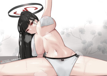 Rule 34 | 1girl, absurdres, amai-pai, black hair, blue archive, breasts, cleavage, highres, huge breasts, large breasts, long hair, looking at viewer, navel, red eyes, rio (blue archive), side sitting split, sitting split, split, stomach, sweat, thighs, towel, towel around breasts, underboob, underwear, underwear only, very long hair