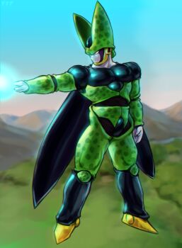 Rule 34 | 1boy, arm up, cell (dragon ball), day, dragon ball, dragonball z, floating, highres, male focus, non-web source, self-upload, sky, solo, yyf (seaknight)