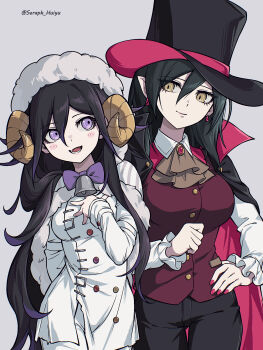 2girls black_hair black_pants breasts brown_vest danganronpa_(series) danganronpa_v3:_killing_harmony ewa_(seraphhuiyu) hair_between_eyes hat highres jacket large_breasts long_hair long_sleeves multiple_girls oma_kokichi open_mouth pants saihara_shuichi simple_background smile top_hat vest white_jacket