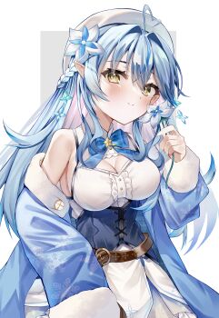 1girl absurdres ahoge bare_shoulders blue_coat blue_hair blush boots braid breasts cleavage cleavage_cutout clothing_cutout coat colored_tips commentary_request corset elf flower frilled_skirt frills fur_trim hair_between_eyes hair_flower hair_ornament hat heart heart_ahoge highres holding holding_flower hololive large_breasts long_hair long_sleeves looking_at_viewer multicolored_hair off_shoulder open_mouth pointy_ears ribbon side_braid simple_background skirt smile snowflake_print solo upper_body very_long_hair virtual_youtuber white_flower white_hat white_skirt yellow_eyes yoshidadon yukihana_lamy yukihana_lamy_(1st_costume)