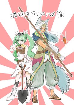 1boy 1girl absurdres ancient_egyptian ancient_egyptian_clothes animal_ears blue_hair commentary_request dark-skinned_male dark_skin fox_boy fox_ears frey_(rune_factory) gloves green_hair highres leon_(rune_factory) long_hair looking_at_viewer mugi_gol ribbon rune_factory rune_factory_4 smile twintails white_gloves white_ribbon