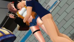 1boy 1girl 3d :&lt; animated black_hair breasts brown_hair cellphone censored clothed_female_nude_male cum cum_on_body cum_on_clothes cum_on_legs denim denim_shorts distracted ejaculation emotionless_sex expressionless flim13 highres sex large_breasts long_hair looking_at_phone mosaic_censoring nail_polish no_eyes nonchalant nude penis phone public_indecency red_eyes short_shorts shorts smartphone sound thigh_sex unamused video zenra