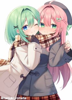 2girls ;) black_coat black_hat blue_eyes blush bow braid brown_scarf closed_mouth coat commentary double-parted_bangs green_bow green_eyes green_hair hair_between_eyes hair_bow hair_intakes hair_ornament hat long_hair long_sleeves looking_at_viewer multiple_girls one_eye_closed original pink_hair plaid_clothes plaid_scarf plaid_skirt pleated_skirt red_skirt scarf shirai_tanuki sidelocks signature simple_background skirt smile symbol-only_commentary twitter_username upper_body white_background white_coat x_hair_ornament