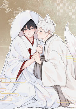 2boys absurdres alternate_costume animal_ear_fluff black_hair blush closed_mouth commentary_request grey_eyes hair_between_eyes highres hikaru_ga_shinda_natsu indou_hikaru japanese_clothes looking_at_another male_focus mole mole_on_cheek mole_on_neck mole_under_eye mole_under_mouth multiple_boys multiple_moles nose_blush outline red_pupils short_eyebrows short_hair slit_pupils sono_nu tail tsujinaka_yoshiki twitter_username white_hair white_outline yaoi