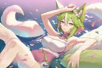 1girl animal_ear_fluff animal_ears arm_up armpits bare_arms boshke breasts commentary commission crossed_bangs dango dango_hair_ornament double-parted_bangs english_commentary food food-themed_hair_ornament fox_ears fox_girl fox_tail green_hair hair_between_eyes hair_ornament hairclip heart heart-shaped_pupils highres large_breasts looking_at_viewer lying lying_on_water multiple_tails on_back one-piece_swimsuit original parallel_hairclips parted_lips petals pink_eyes pink_one-piece_swimsuit sanshoku_dango short_hair skewer smile solo swimsuit symbol-shaped_pupils tail thighhighs vgen_commission wagashi water white_thighhighs