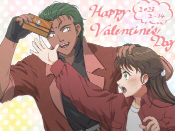 1boy 1girl bindi blue_seed brown_hair constricted_pupils couple dark-skinned_male dark_skin facial_mark fingerless_gloves forehead_mark fujimiya_momiji gloves green_eyes green_hair hetero highres jacket kusanagi_mamoru long_hair okabou red_jacket short_hair valentine