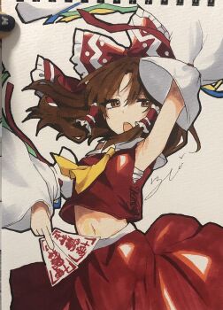 1girl arm_up ascot bow brown_eyes brown_hair commentary_request detached_sleeves frilled_bow frilled_hair_tubes frills hair_bow hair_tubes hakurei_reimu highres izumi_no_yasushi_aya long_hair looking_at_viewer midriff_peek navel open_mouth photo_(medium) red_bow red_skirt ribbon-trimmed_sleeves ribbon_trim signature skirt skirt_set solo touhou traditional_media yellow_ascot