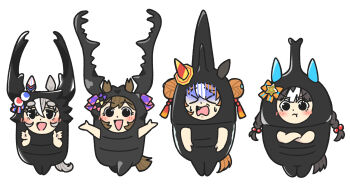 >_< 4girls absurdres alternate_costume animal_ears black_eyes bow brown_hair bug_costume commentary_request copano_rickey_(umamusume) crossed_arms double_bun ear_bow ear_covers facing_viewer fang gloom_(expression) grey_hair hair_between_eyes hair_bow hair_bun highres hokko_tarumae_(umamusume) horse_ears horse_girl kopperion mismatched_ear_covers multicolored_hair multiple_girls multiple_hair_bows mushiking pink_bow pout purple_bow rhinoceros_beetle simple_background single_ear_cover smart_falcon_(umamusume) stag_beetle streaked_hair umamusume white_background white_hair wonder_acute_(umamusume) yellow_bow