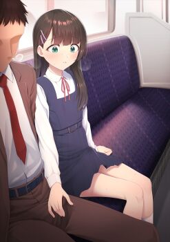 2boys blazer blue_dress blush brown_hair brown_jacket brown_pants bulge collarbone collared_shirt crossdressing crossdressing_(mtf) dress erection erection_under_clothes faceless faceless_male green_eyes hair_ornament hairclip highres hokuro_ryuuseigun jacket long_hair long_sleeves male_focus multiple_boys neck_ribbon necktie nose_bubble open_clothes open_jacket original pants parted_lips pinafore_dress red_necktie red_ribbon ribbon school_uniform shirt shirt_tucked_in sitting sleeping sleeping_upright sleeveless sleeveless_dress socks steaming_body sweat textless_version train_interior trap white_shirt white_socks yaoi