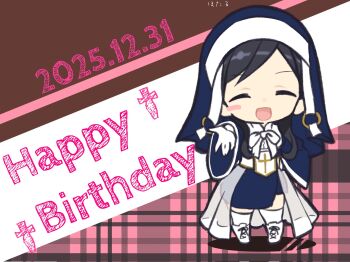 1girl artist_name assault_lily blue_dress blue_veil boots bow bowtie brown_background chibi commentary cross dated dress full_body gloves hand_on_own_hip happy_birthday highres hotaru_(ultraroly_poly) knee_boots lace-up_boots latin_cross long_sleeves makabe_melania_sayoko nun open_hand outstretched_arm plaid_background reaching reaching_towards_viewer see-through_clothes solo standing thighhighs two-tone_background veil waist_cape white_background white_boots white_bow white_bowtie white_gloves white_thighhighs