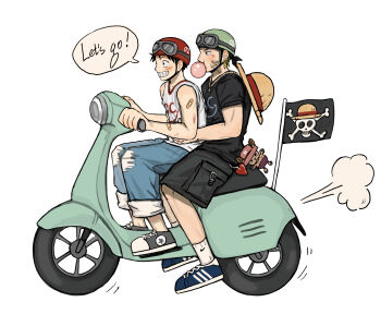 2boys absurdres bandaid bandaid_on_arm bandana black_hair black_shirt black_shorts blowing_bubble_gum blue_pants blush character_charm charm_(object) chewing_gum commentary_request denim english_text facial_scar flag flag_on_vehicle gauze gauze_on_cheek goggles goggles_on_head grin hand_on_another's_hip helmet highres jeans jjerri00 jolly_roger korean_commentary male_focus monkey_d._luffy motor_vehicle multiple_boys necktie one_piece pants riding_scooter roronoa_zoro scar scar_on_cheek scar_on_face scooter shirt short_hair short_sleeves shorts simple_background smile speech_bubble straw_hats_jolly_roger vespa white_background