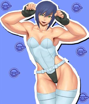 00s 1girl arms_up belt breasts caramelldansen dancing female_focus ghost_in_the_shell green_eyes groin hands_up head_tilt highleg highleg_leotard hip_focus kusanagi_motoko laughing_man_(gits) leotard logo muscular patterned_background popotan purple_background purple_hair short_hair simple_background small_breasts smile solo thick_thighs thighhighs thighs yamakawaya