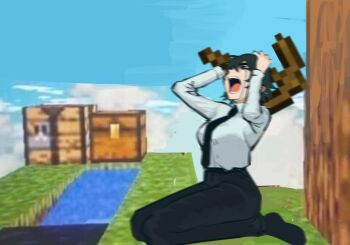 1girl black_hair black_pants blue_sky blurry blurry_foreground breasts chainsaw_man collared_shirt crying eyepatch facing_up grass hands_on_own_head highres himeno_(chainsaw_man) holding holding_pickaxe kneeling large_breasts liowig meme minecraft minecraft_pickaxe obsidian_(gemstone) on_grass open_mouth pants pickaxe shirt shirt_tucked_in short_hair sky solo tears tree water white_shirt