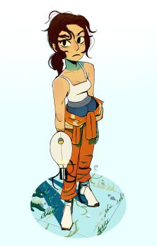 1girl aperture_science_handheld_portal_device bare_shoulders boots breasts brown_hair camisole chell cleavage fattcactus frown full_body highres jumpsuit jumpsuit_around_waist long_hair low_ponytail medium_breasts messy_hair orange_jumpsuit ponytail portal_(series) solo tile_floor tiles white_background white_boots white_camisole
