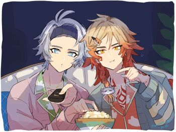 Rule 34 | 2boys, alternate costume, antenna hair, black headband, blonde hair, blue eyes, bowl, braid, chest tattoo, commentary request, facial tattoo, food, gomenne oyu, gradient hair, green pajamas, hair ornament, hairpin, head rest, headband, highres, holding, holding bowl, honkai: star rail, honkai (series), male focus, medium hair, multicolored hair, multiple boys, mydei (fig stew) (honkai: star rail), mydei (honkai: star rail), one eye closed, pajamas, parted bangs, phainon (chimerric park epilogue) (honkai: star rail), phainon (honkai: star rail), phainon (vigethos) (honkai: star rail), pink pajamas, popcorn, red hair, red tattoo, shared food, short hair, side braid, sun symbol, sun tattoo, tan, tattoo, white hair, yellow eyes