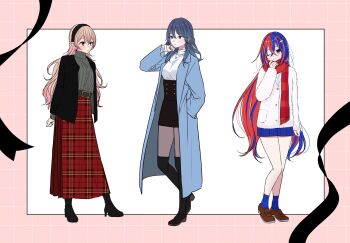 3girls ;) alternate_costume arms_at_sides black_boots black_hairband black_jacket black_skirt blonde_hair blue_coat blue_eyes blue_hair blue_nails blue_skirt blue_socks boots border braid brown_shoes cardigan closed_mouth coat commentary crown_braid english_commentary fashion female_alear_(fire_emblem) female_byleth_(fire_emblem) female_corrin_(fire_emblem) fire_emblem fire_emblem:_three_houses fire_emblem_engage fire_emblem_fates fluffy_clothes full_body grey_pantyhose grey_sweater hair_between_eyes hair_ornament hairband hand_in_pocket hand_up high-waist_skirt high_heel_boots high_heels highres houndstooth jacket jewelry knee_boots loafers long_hair long_sleeves looking_at_viewer multicolored_hair multicolored_nails multiple_girls nail_polish necklace nintendo one_eye_closed open_clothes open_coat open_jacket outside_border pantyhose pink_border plaid_clothes plaid_skirt pointy_ears red_eyes red_hair red_nails red_scarf red_skirt ribbed_sweater ribbon roroichi scarf shirt shoes simple_background skirt smile socks standing star_(symbol) star_hair_ornament sweater turtleneck turtleneck_sweater two-tone_hair very_long_hair white_background white_cardigan white_shirt winter_clothes