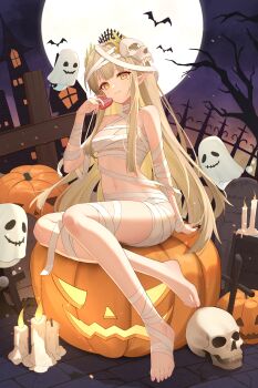 1girl absurdres arknights bandaged_arm bandaged_chest bandaged_head bandaged_leg bandaged_torso bandages barefoot bat_(animal) bingcan box breasts brown_hair candle chinese_commentary commentary commentary_request elf english_commentary feet full_body ghost halloween halloween_costume heart heart-shaped_box highres holding holding_heart long_hair lossy-lossless md5_mismatch mixed-language_commentary mole mole_under_eye muelsyse_(arknights) mummy_costume night night_sky pointy_ears pumpkin sitting sky small_breasts smile solo toes tree very_long_hair yellow_eyes