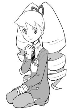 1girl bad_id bow dress drill_hair greyscale hair_bow heriyama long_hair looking_at_viewer lowres luna_platz_(mega_man) mega_man_(series) mega_man_star_force_(series) monochrome pantyhose sitting smile twin_drills very_long_hair