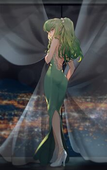 1girl anklet ass breasts c.c. cityscape cleavage code_geass creayus curtains dress full_body green_dress green_hair hairband high_heels highres jewelry long_hair looking_at_viewer medium_breasts night shoes sky solo star_(sky) white_hairband white_shoes window yellow_eyes