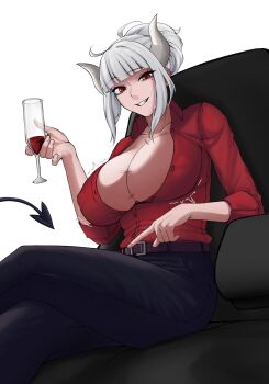 1girl absurdres armchair belt black_pants breasts brown_belt chair collarbone commentary crossed_legs cup demon_girl demon_horns demon_tail drinking_glass english_commentary feet_out_of_frame grey_hair helltaker highres holding holding_cup horns large_breasts long_hair looking_at_viewer lucifer_(helltaker) matsu_arts mole mole_under_eye open_mouth pants ponytail red_eyes red_shirt shirt sidelocks sitting sleeves_rolled_up smile smirk solo tail teeth white_background wine_glass