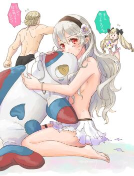 1boy 2girls black_bow black_male_swimwear black_swim_trunks blonde_hair book bow bracelet brother_and_sister female_corrin_(fire_emblem) female_corrin_(novice_vacationer)_(fire_emblem) elise_(fire_emblem) fire_emblem fire_emblem_fates fire_emblem_heroes flower from_behind hair_bow hair_flower hair_ornament hairband holding holding_book jewelry lilith_(fire_emblem) long_hair male_swimwear multicolored_hair multiple_girls nintendo official_alternate_costume one-piece_swimsuit open_mouth pointy_ears purple_hair red_eyes robaco short_hair siblings simple_background sitting swim_trunks swimsuit topless_female topless_male torn_clothes torn_swimsuit twintails white_background white_hair xander_(fire_emblem)