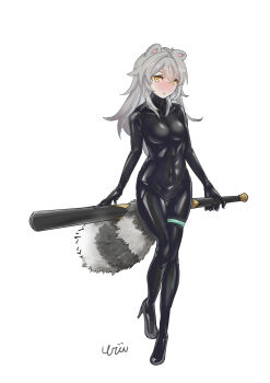 1girl :&lt; absurdres animal_ears baseball_bat black_bodysuit bodysuit full_body grey_hair high_heels highres holding holding_baseball_bat honkai:_star_rail honkai_(series) kemonomimi_mode latex long_hair raccoon_ears raccoon_girl raccoon_tail solo stelle_(honkai:_star_rail) tail thigh_strap trailblazer_(honkai:_star_rail) urii_20230426 yellow_eyes