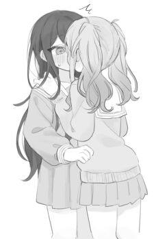 2girls blush commentary ear_blush greyscale hand_on_another's_shoulder highres hoshino_ichika_(project_sekai) kiss long_hair monochrome mu_ri003 multiple_girls pleated_skirt project_sekai sailor_collar school_uniform serafuku skirt sweat sweater symbol-only_commentary tenma_saki twintails yuri