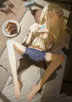 1girl absurdres bandaid bandaid_on_finger bandaid_on_hand bandaid_on_knee bandaid_on_leg bare_legs barefoot belt black_belt blonde_hair blue_shorts blush breasts brown_ribbon camisole cellphone closed_mouth collarbone colored_eyelashes commentary_request crane666 denim denim_shorts earrings electric_fan feet food from_above fruit gakuen_idolmaster grey_robe hair_ornament hair_spread_out hairclip highres holding holding_food holding_popsicle hot idolmaster indoors jewelry legs long_hair looking_at_viewer lying midriff off_shoulder on_back on_floor open_clothes open_robe parallel_hairclips phone pillow plate popsicle ribbon robe rope_belt shinosawa_hiro shoes short_shorts shorts skinny small_breasts smartphone solo spread_legs stud_earrings sweat swept_bangs thighs unworn_shoes watermelon watermelon_slice white_camisole white_shoes wooden_floor wristband yellow_eyes