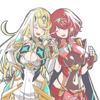 2girls breasts cleavage large_breasts multiple_girls mythra_(xenoblade) pyra_(xenoblade) usakumapo_nano xenoblade_chronicles_(series) xenoblade_chronicles_2