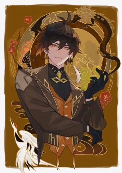 1boy antenna_hair arm_support beak bird bird_wings black_gloves black_hair black_shirt border branch brown_background brown_jacket buttons closed_mouth cloud commentary_request diamond-shaped_pupils diamond_(shape) diamond_button dragon dragon_horns dragon_tail earrings eyeshadow feathered_wings flower gem genshin_impact gloves gold_trim gradient_hair hair_between_eyes hand_up highres horns jacket jewelry lapels leather leather_gloves long_sleeves looking_at_viewer makeup male_focus mandarin_collar meandros multicolored_hair mumu_vosp nightingale_(bird) open_clothes open_jacket orange_eyes orange_hair orange_vest pendant red_eyeshadow red_flower shirt single_earring smile solo symbol-shaped_pupils tail tassel tassel_earrings upper_body vest white_border wings yellow_gem yellow_pupils zhongli_(genshin_impact)