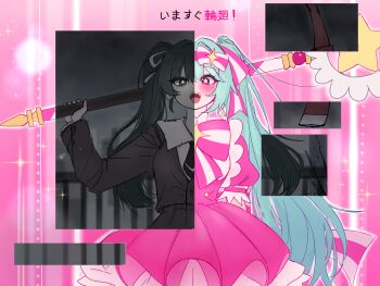 1girl :d absurdres black_eyes black_jacket black_skirt blue_hair bow bowtie cici_(choiyan) dress dual_persona hair_bow hatsune_miku highres holding holding_staff holding_weapon imasugu_rinne_(vocaloid) jacket long_hair mage_staff open_mouth pickaxe pink_bow pink_bowtie pink_dress pink_eyes school_uniform shirt skirt smile solo staff star-shaped_pupils star_(symbol) symbol-shaped_pupils twintails very_long_hair vocaloid weapon white_shirt