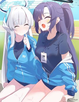 2girls black_halo blue_archive blue_buruma blue_jacket blue_shirt breasts buruma closed_eyes grey_hair gym_shirt gym_uniform halo headphones highres jacket long_hair mechanical_halo medium_breasts multiple_girls noa_(blue_archive) open_clothes open_jacket open_mouth partially_unzipped ponytail purple_hair ragnaveldt shirt sitting smile star_(symbol) star_sticker sticker sticker_on_face sweat thighs track_jacket white_halo yuuka_(blue_archive) yuuka_(track)_(blue_archive)