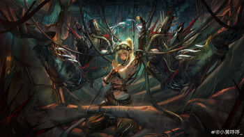 Rule 34 | 1girl, absurdres, arm up, blonde hair, chinese commentary, commentary request, full body, goggles, goggles on head, hand up, heibai bangbing, high ponytail, highres, kneeling, mechanical arms, mudra, path to nowhere, ponytail, solo, vanilla (path to nowhere), yellow eyes