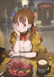 Rule 34 | 1girl, absurdres, arm rest, bottle, bow, bowtie, breast rest, breasts, breasts on table, brown hair, choker, cleavage, commentary request, cup, food, fork, hair ribbon, hand on own face, highres, holding, holding fork, holding knife, jun (navigavi), knife, leaning forward, long hair, looking at viewer, meat, medium breasts, mug, orange eyes, original, ponytail, potato, pov, pov hands, red bow, red bowtie, ribbon, sausage, solo, table, translation request, weibo logo, weibo watermark, wooden table, wrist cuffs