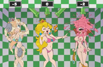 3girls bikini bikini_bottom_around_leg blonde_hair blue_eyes breasts cajarito cleft_of_venus closed_eyes crown ear_piercing food game_show long_hair mario_(series) multiple_girls navel nintendo nipples one_eye_closed open_mouth pie piercing princess_daisy princess_peach pussy rosalina side-tie_bikini_bottom slime_(substance) swimsuit wam