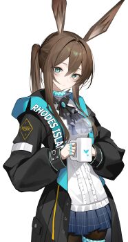 1girl absurdres amiya_(arknights) animal_ears arknights ascot black_ascot black_coat black_pantyhose blue_eyes blue_skirt brooch brown_hair center_frills choker closed_mouth coat commentary cowboy_shot cup double-parted_bangs frilled_shirt frills hair_between_eyes heart heart_print highres holding holding_cup infection_monitor_(arknights) jewelry light_blush long_sleeves looking_at_viewer mug multiple_rings pantyhose paszuto plaid_clothes plaid_skirt pleated_skirt ponytail puffy_sleeves rabbit_ears rhodes_island_logo_(arknights) ring shirt sidelocks skirt sleeve_cuffs solo standing white_shirt