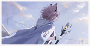 1girl animal_ears arknights blue_eyes closed_mouth coat commentary fox_ears fox_girl gloves highres holding holding_staff hood hood_down hooded_coat infection_monitor_(arknights) pink_hair short_hair solo staff sussurro_(arknights) timitarcat white_coat white_gloves