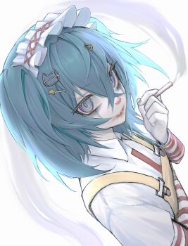 1girl absurdres blue_eyes blue_hair cigarette clown_makeup crossed_bangs double-parted_bangs frilled_hairband frills from_side hair_between_eyes hair_ornament hairband hairclip highres holding holding_cigarette long_sleeves looking_at_viewer makeup mdm4 medium_hair original overalls parted_lips shirt smoking solo upper_body white_background white_hairband white_shirt yellow_overalls