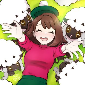 1girl :d absurdres alternate_costume alternate_hair_length alternate_hairstyle brown_hair closed_eyes commentary day eyelashes facing_viewer gen_8_pokemon gloria_(pokemon) grass green_hat green_skirt happy hat highres light_blush long_hair lying muis0802 nintendo on_back open_mouth outdoors outstretched_hand pink_shirt pokemon pokemon_(creature) pokemon_swsh shirt signature skirt smile tam_o&#039;_shanter teeth three-quarter_sleeves tongue upper_teeth_only wooloo