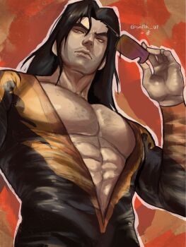 Rule 34 | 1boy, abs, arm up, bare pectorals, black hair, bodysuit, closed mouth, commentary, covered pectorals, cowboy shot, dispatch, english commentary, flambae (dispatch), highres, holding, holding removed eyewear, long sleeves, looking to the side, male focus, muscular, muscular male, orange eyes, parted hair, pectorals, sideways glance, skyvenq, solo, unworn eyewear