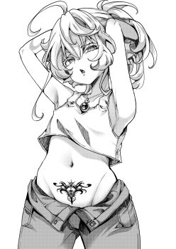 Rule 34 | 1girl, ahoge, breasts, commentary request, hal (goshujinomocha), highres, long hair, looking at viewer, navel, open fly, open mouth, open pants, pants, pubic tattoo, shirt, solo, tanya degurechaff, tattoo, youjo senki