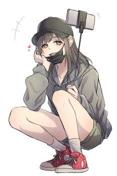 1girl absurdres bang_dream! bang_dream!_it&#039;s_mygo!!!!! baseball_cap black_hat black_mask blush brown_shorts commentary_request crimppp77 grey_hoodie hat heart highres hood hood_down hoodie korean_commentary long_sleeves mask mask_pull mouth_mask open_mouth red_shoes selfie_stick shoes shorts simple_background socks solo sumita_mana white_background white_socks