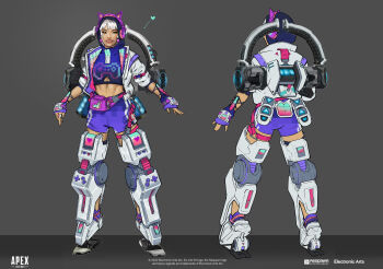 1girl absurdres apex_legends blue_hoodie reference_sheet commentary conduit_(apex_legends) crop_top cropped_hoodie electronic_arts english_commentary exoskeleton fanny_pack grey_hair highres hood hood_up hoodie jacket logo midriff multiple_views nessie_(respawn) official_alternate_costume official_art parted_lips player_one_conduit production_art purple_footwear purple_shorts realistic respawn_entertainment science_fiction shoes short_hair shorts smile sneakers snowy_zhang white_jacket