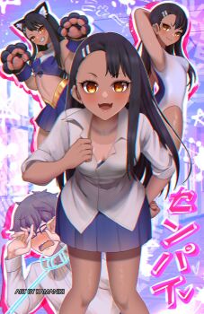 >_< 1boy 1girl :d animal_collar animal_ear_fluff animal_ears animal_hands arm_behind_head armpits artist_name asymmetrical_bangs bare_shoulders bent_over black_hair blue_one-piece_swimsuit blue_shirt blue_skirt blush breasts brown_eyes brown_hair cat_ears character_name cheerleader chromatic_aberration cleavage clenched_hands closed_eyes closed_mouth collar collared_shirt commentary competition_school_swimsuit competition_swimsuit crop_top downblouse dress_shirt drop_shadow earclip embarrassed english_commentary eyelashes fake_animal_ears fang glasses gloves grin hachiouji_naoto hair_ornament hairclip halftone hand_on_own_chest hand_on_own_hip hands_up highres ijiranaide_nagatoro-san kamaniki knees_together_feet_apart leaning_forward leash lipstick long_hair long_sleeves looking_at_viewer looking_to_the_side makeup messy_hair midriff multiple_views nagatoro_hayase one-piece_swimsuit one-piece_tan open_mouth over-rim_eyewear partially_unbuttoned paw_gloves paw_pose pink_background pink_lips pleated_skirt purple_background rectangular_eyewear school_swimsuit school_uniform semi-rimless_eyewear shielding shiny_skin shirt skin_fang skirt sleeveless sleeveless_shirt sleeves_rolled_up small_breasts smile smug solo_focus standing straight-on stretching swimsuit tan tanline teasing toned toned_female two-tone_one-piece_swimsuit two-tone_shirt very_long_hair w_arms wavy_hair wavy_mouth white_background white_one-piece_swimsuit white_shirt