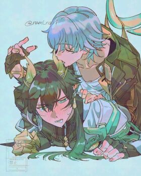2boys aqua_eyes black_coat black_gloves black_hair black_shirt blue_background caelus_(honkai:_star_rail) chinese_clothes clenched_hand closed_eyes coat collarbone commentary_request constellation_print crying crying_with_eyes_open dan_heng_(honkai:_star_rail) dan_heng_(permansor_terrae)_(honkai:_star_rail) dragon_boy dragon_horns dragon_tail drooling earclip fingerless_gloves fingernails gauntlets gloves gradient_hair green_hair grey_hair hair_between_eyes hair_ornament hand_on_another&#039;s_shoulder hand_up honkai:_star_rail honkai_(series) hood hooded_coat horns lapels long_hair long_sleeves looking_down low_ponytail lying lying_on_person male_focus multicolored_hair multiple_boys official_alternate_costume official_alternate_hairstyle on_stomach open_clothes open_coat open_mouth pointy_ears ponytail shirt short_hair simple_background single_gauntlet t-shirt tail tears teeth trailblazer_(honkai:_star_rail) two-sided_coat two-sided_fabric umiyoshi_(uminouni610) watermark white_coat white_shirt yaoi yellow_coat yellow_pupils zipper