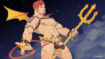 1boy abs absurdres arm_tattoo artist_name aru_(arudesu) bara bulge chain cloud cloudy_sky cock_ring demon demon_horns demon_tail feet feet_out_of_frame fingernails fire full-body_tattoo girthy_penis gyee highres holding holding_weapon horns large_penis leather leather_strap leather_underwear looking_at_viewer male_focus male_underwear manly mature_male muscular muscular_male night nipples orange_eyes original pectorals penis penis_base polearm pubic_hair red_hair runes sam_(red_gart) sex_toy short_hair signature sky solo spiked_hair star_(sky) starry_sky tail tattoo trident underwear weapon wings wristband