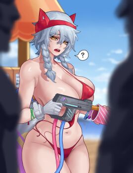 1girl ? absurdres arapanchi areola_slip armpit_crease bikini blue_sky blurry blurry_background blurry_foreground braid breasts bright_pupils cleavage commentary_request confused cowboy_shot curvy day gloves grey_hair groin hair_between_eyes highres holding large_breasts last_origin long_hair looking_at_viewer navel open_mouth outdoors parted_bangs red_bikini skindentation sky solo_focus speech_bubble spoken_question_mark swimsuit thick_thighs thighs twin_braids untied_bikini_top white_gloves white_pupils wraith_(last_origin) yellow_eyes